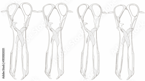 Four identical, stylized, monochrome illustrations of surgical instruments