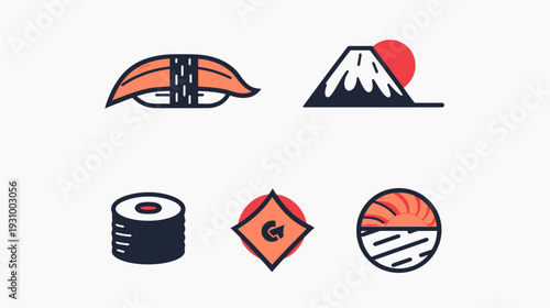 Collection of stylized Japanese icons featuring sushi, mountain with sun, and other geometric designs
