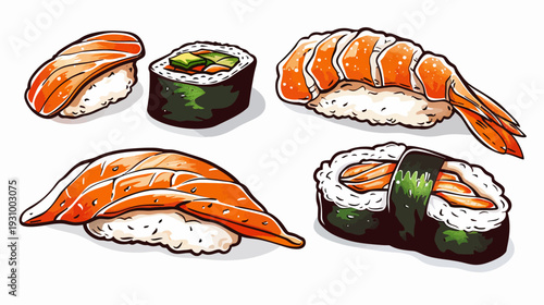 A vibrant illustration showcasing various sushi pieces, including nigiri and maki rolls, on a white background