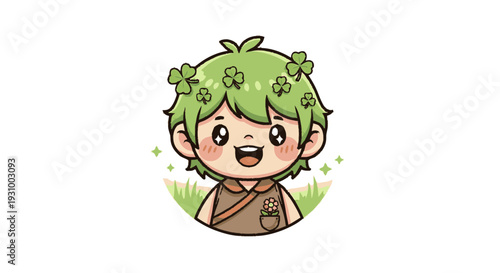 Cartoon Character with Green Hair and Flowers.