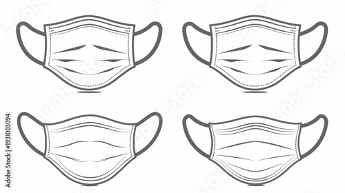 A four-panel illustration of surgical-style face masks in a grayscale, clean and simple design