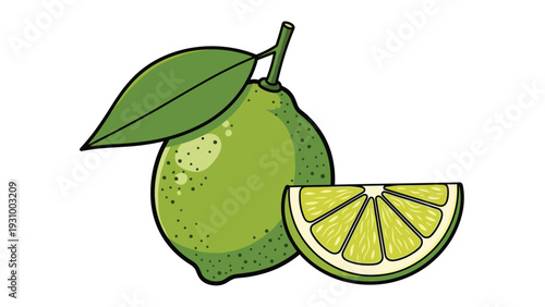 Whole green lime with a leaf and a juicy slice next to it isolated on white background for food and drink design.