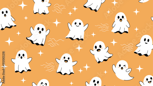 Fun seamless pattern with cute white ghosts and shiny stars on orange background for halloween party decoration.