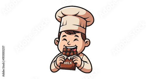 Cartoon Chef Eating Chocolate Cake Illustration.