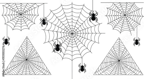 Spooky Halloween Spider Web Set with Black Cobwebs and Hanging Spiders for Creepy Party Decorations Haunted House Designs and Horror Themed Graphic Art