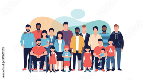 Large group of diverse people including families and individuals with disabilities standing together as a supportive community.