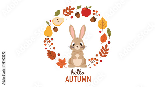 Hello autumn illustration with a cute brown rabbit inside a wreath of fruits berries and colorful fall leaves.