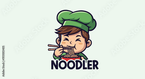 Cartoon Chef Eating Noodles with Chopsticks.