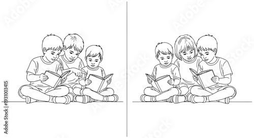 Children gathered around reading materials in a serene environment from a straightforward viewpoint