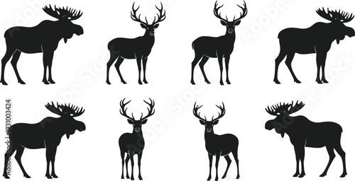 Set of Moose and Deer Silhouettes in Different Poses, Wildlife Animal Collection Isolated on White Background Vector Illustration