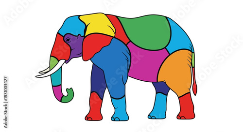 Vibrant multicolored elephant illustration showcasing geometric shapes and abstract artistry in a playful graphic representation