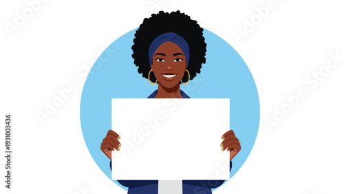 Beautiful black woman with afro hair and headband holding a blank white sign for protest or announcement.