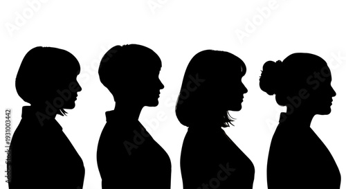 Silhouettes of four individuals facing right in a row against a plain background