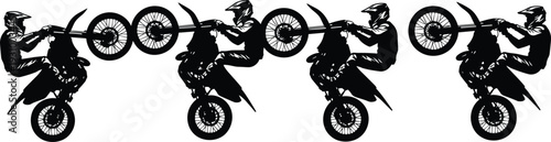 Motorcycle Rider Performing Wheelie Stunt Silhouettes Set, Motocross Bike Tricks Collection Isolated on White Background Vector Illustration