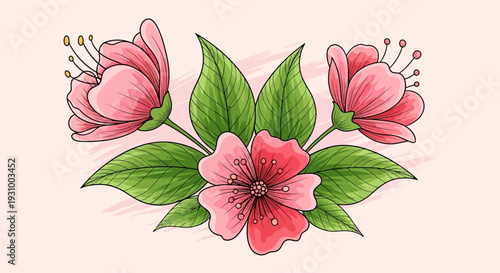 Illustration of blooming flowers with green leaves from a close-up viewpoint