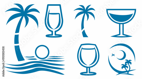 Collection of stylized illustrations featuring palm trees, beverages, beach scenes, sun, moon, and waves