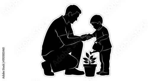 Man and child nurturing a potted plant together in a heartwarming illustration