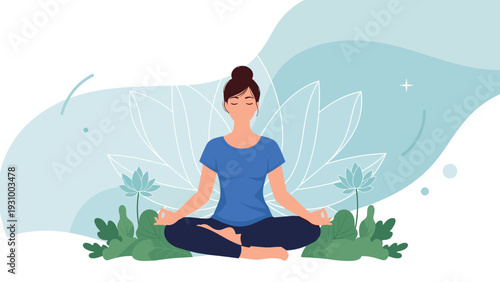 Young woman practicing yoga and meditation in lotus pose surrounded by nature and lotus flowers for inner balance.