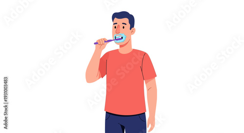 A young man is brushing his teeth standing alone in a clean environment from a front view