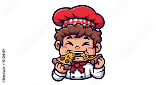 Cartoon Chef Eating Pizza Slice Illustration.