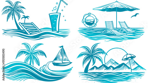 Collection of stylized illustrations depicting elements of a coastal vacation scene in turquoise