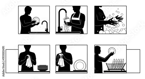 Person washing dishes in a kitchen sink with soap and water splashing everywhere, illustrated in a series of simple black silhouettes
