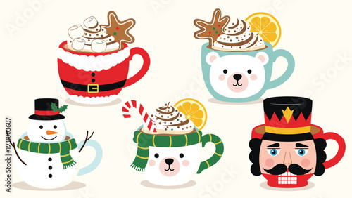 Set of festive christmas mugs filled with hot chocolate whipped cream and cookies shaped like santa reindeer and snowman.
