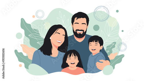 Happy family with two children smiling and hugging together in a modern flat illustration with botanical background.