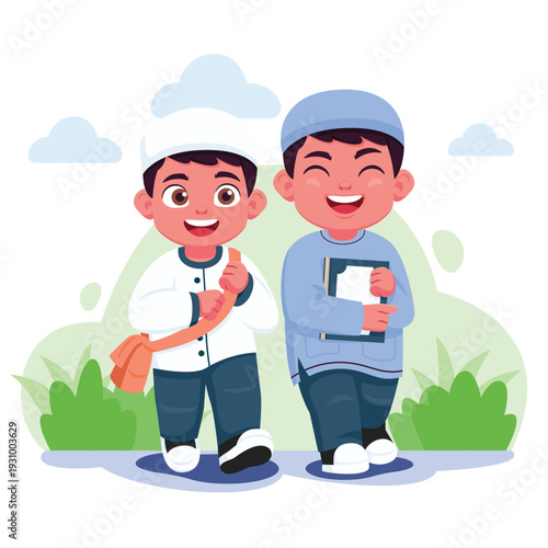 Boys student with muslim traditional attire walk together