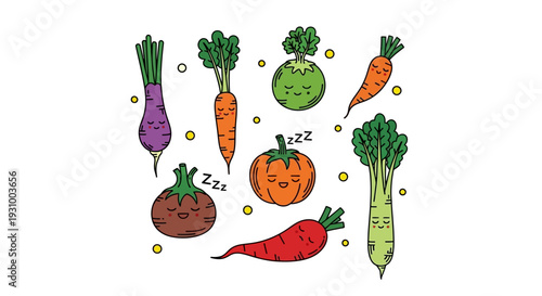 Assorted vegetables and a pumpkin sleeping peacefully on a white background in a cartoon illustration