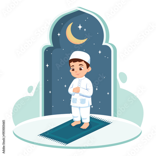 Muslim boy praying on prayer mat, Islamic child performing salah, cartoon illustration for religious education design