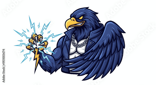 Blue Bird Wearing Suit Holding Lightning Bolt.