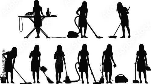 House Cleaning Woman Silhouettes Set with Vacuum, Mop and Iron, Household Chores and Domestic Work Figures Isolated on White