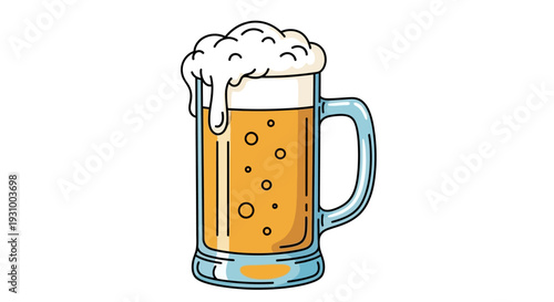 A refreshing beer mug filled with golden liquid and foam, viewed from the side on a simple background