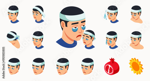 Isometric illustrations of a man with a head bandage showing various expressions of pain, illness, and recovery, depicting medical conditions and first aid.