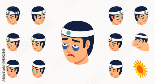 Diverse cartoon male head avatar set illustrating common emotional and health conditions: tired, sick, sad, injured, crying, and recovering with a bandage.
