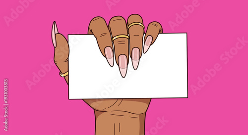 Illustration of hand holding blank card against vibrant pink background