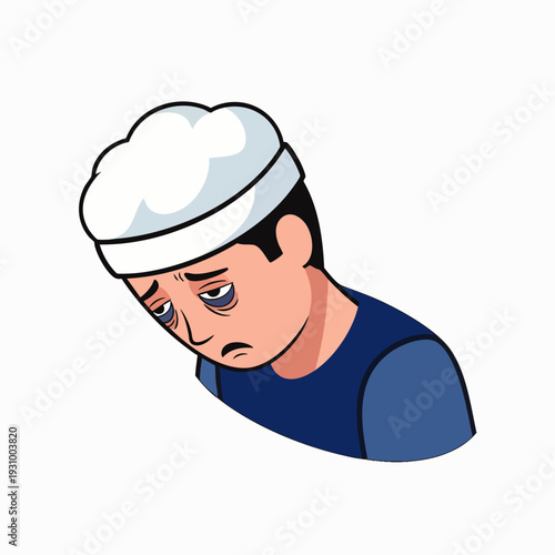 Cartoon illustration of a tired, exhausted man with dark circles under his eyes, looking sad and unwell. Depicting fatigue, stress, and mental health issues. Isolated vector graphic.