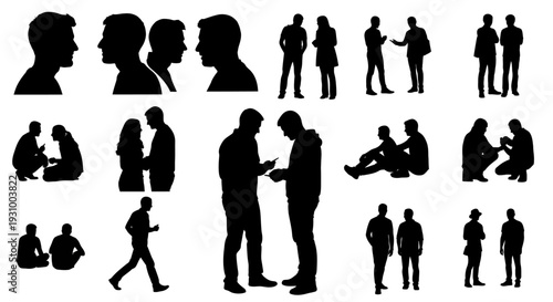 Collection of silhouettes depicting people interacting in various settings and poses