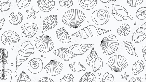 Black and white seamless pattern with various hand drawn seashells and starfish for coloring book or summer print.