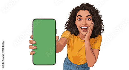 Excited Woman Showing Phone Green Screen