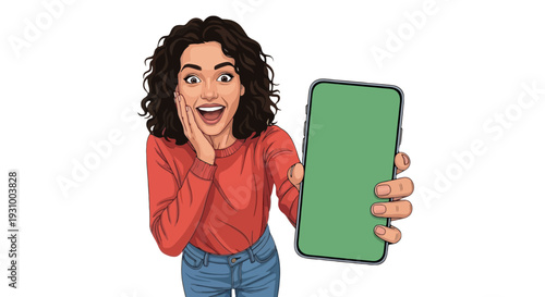 Excited Woman Showing Phone Green Screen