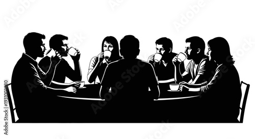 Group of professionals engaged in a meeting around a rectangular table in a corporate office setting from a rear perspective