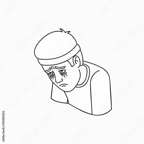 Line art illustration of a sad and depressed young man with tears, expressing feelings of sorrow, grief, and emotional distress due to mental health issues or personal problems.