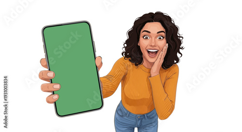 Excited Woman Showing Phone Green Screen