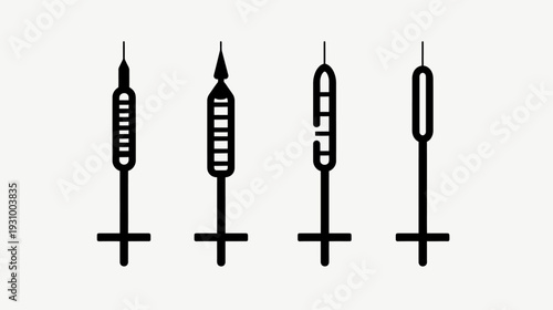 Four black and white illustrations of syringes in varying designs, vector graphic style