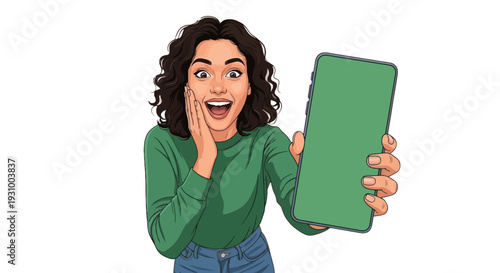 Excited Woman Showing Phone Green Screen