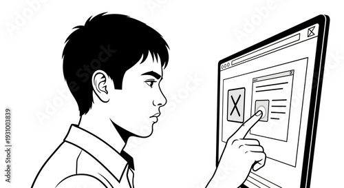A young man interacts with a digital interface on a touchscreen display with a stylized checkbox