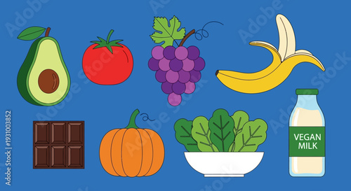 Assorted healthy foods including fruits, vegetables, and vegan milk arranged on a blue background from a top view