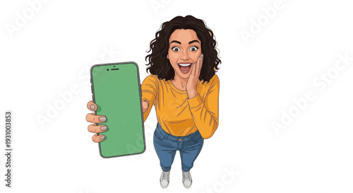Excited Woman Showing Phone Green Screen